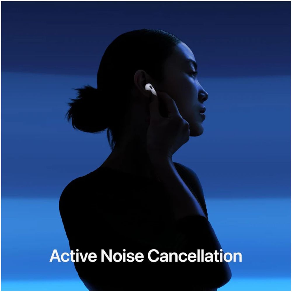 Person wearing earbuds with 'Active Noise Cancellation' text on a blue background
