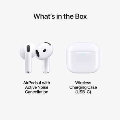 AirPods 4 with Active Noise Cancellation and Wireless Charging Case on a white background