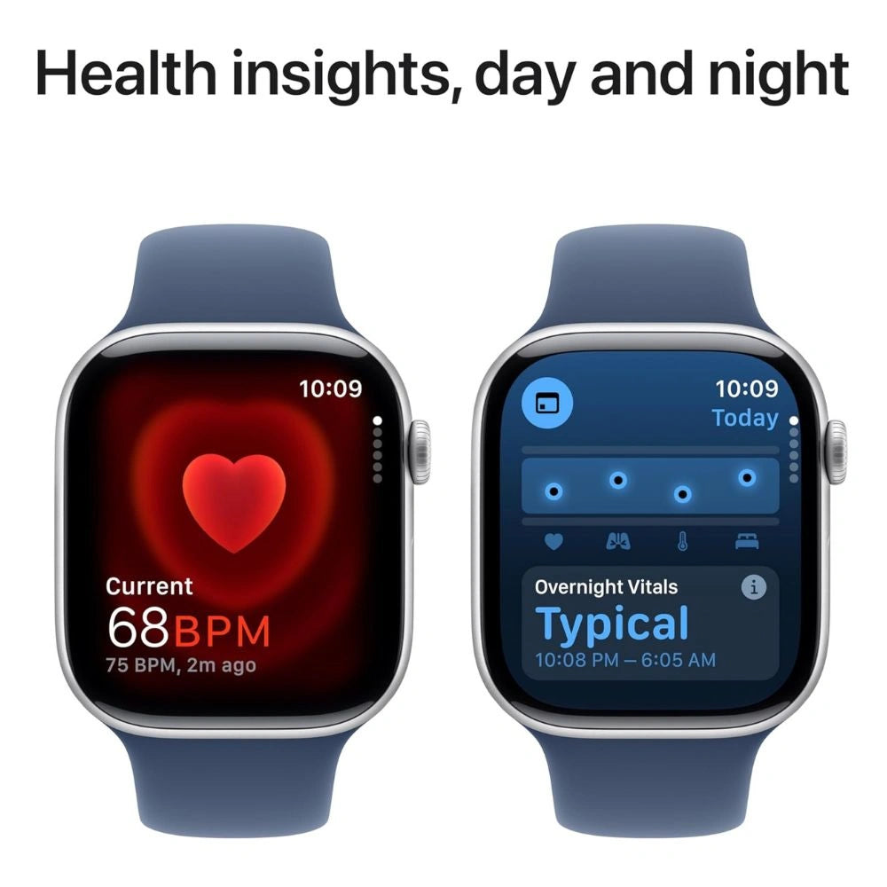 Two smartwatches displaying health insights on a white background