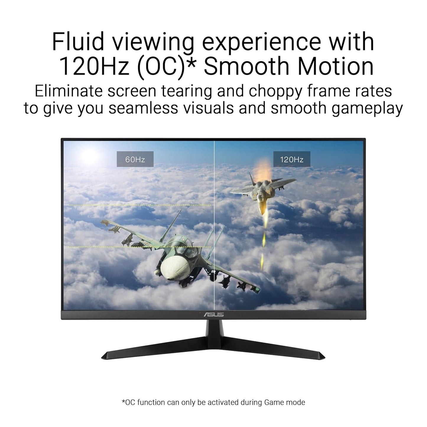 Monitor displaying a fighter jet in flight with text about 120Hz smooth motion technology.