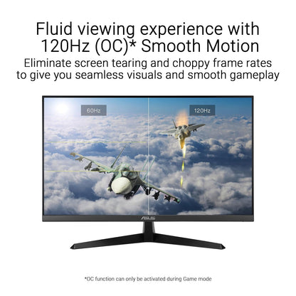 Monitor displaying a fighter jet in flight with text about 120Hz smooth motion technology.