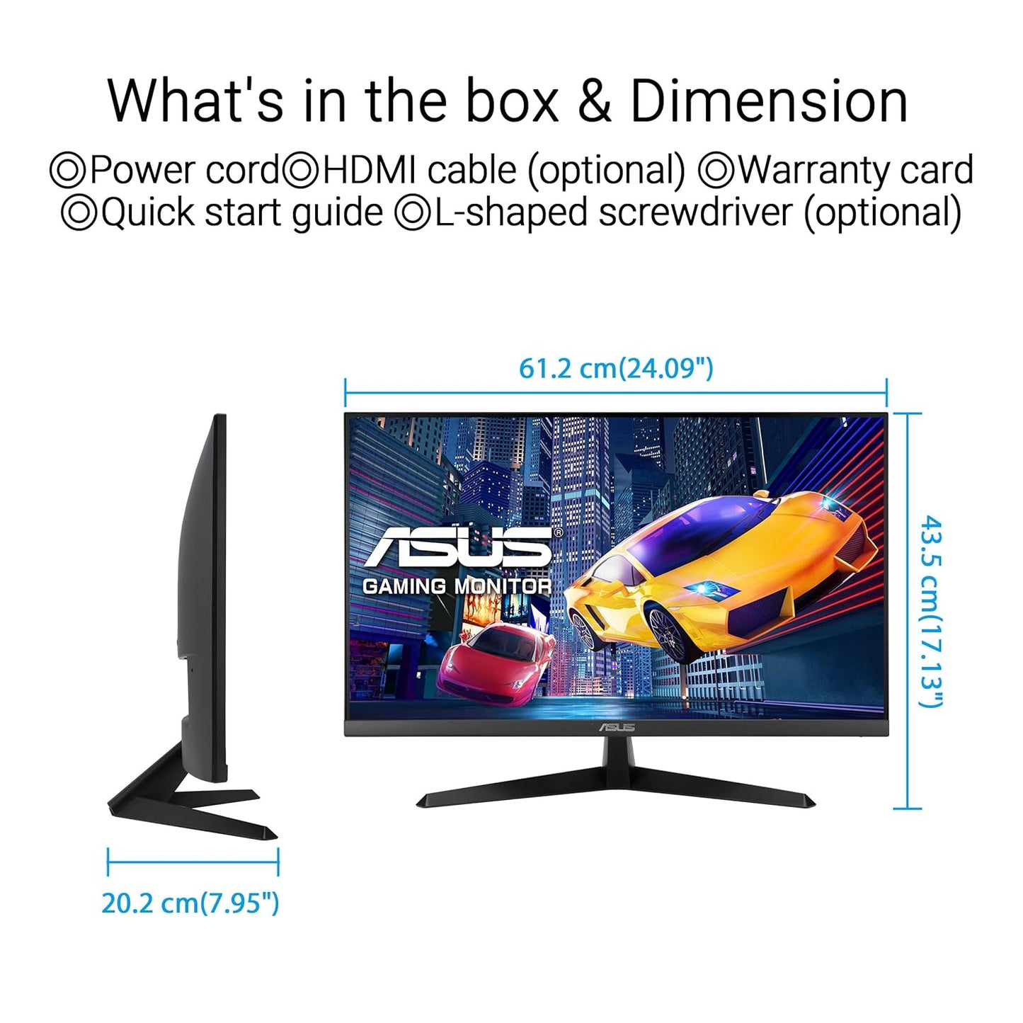 Gaming monitor with dimensions and included items listed on a white background