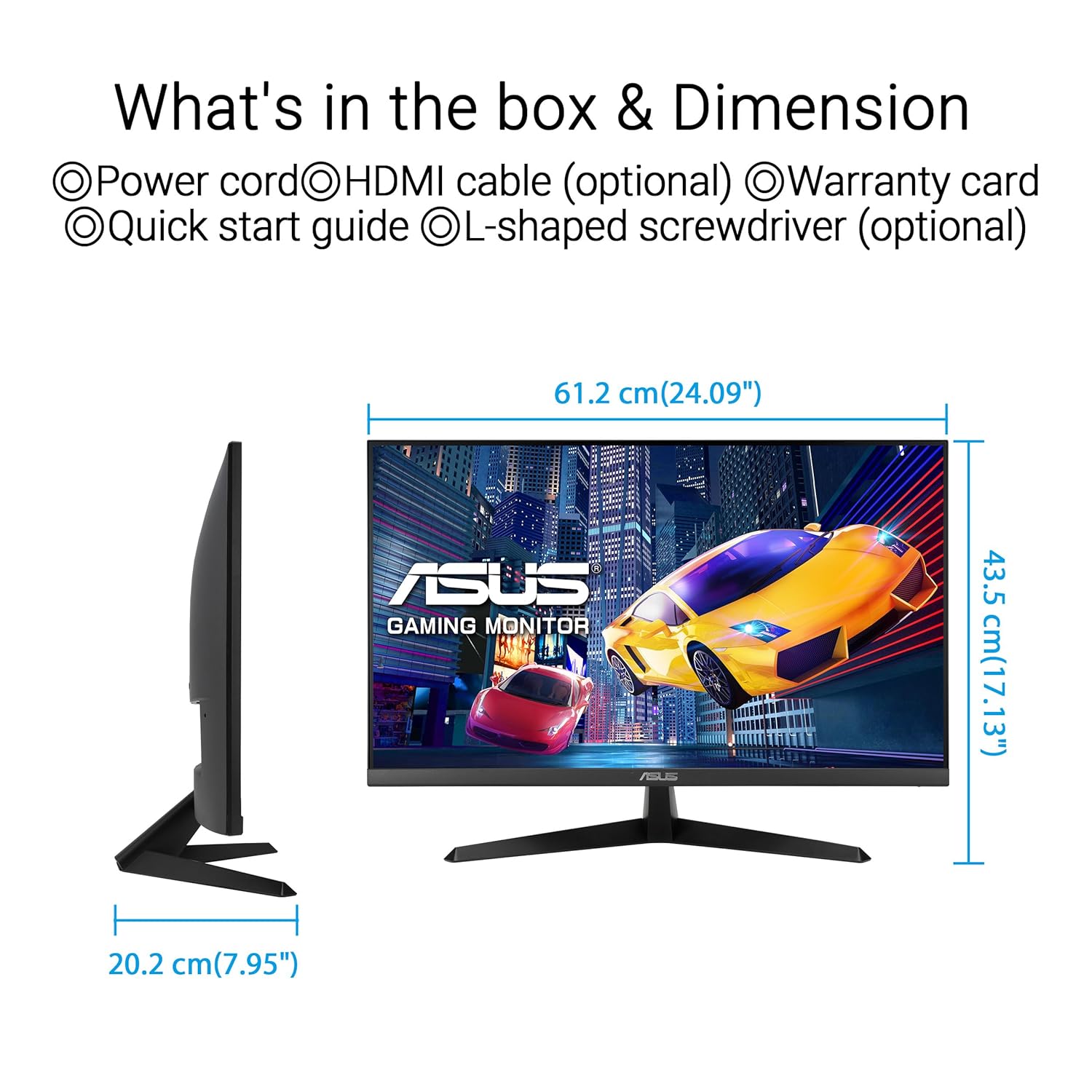 Gaming monitor with dimensions and included items listed on a white background