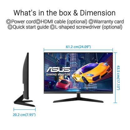 Gaming monitor with dimensions and included items listed on a white background