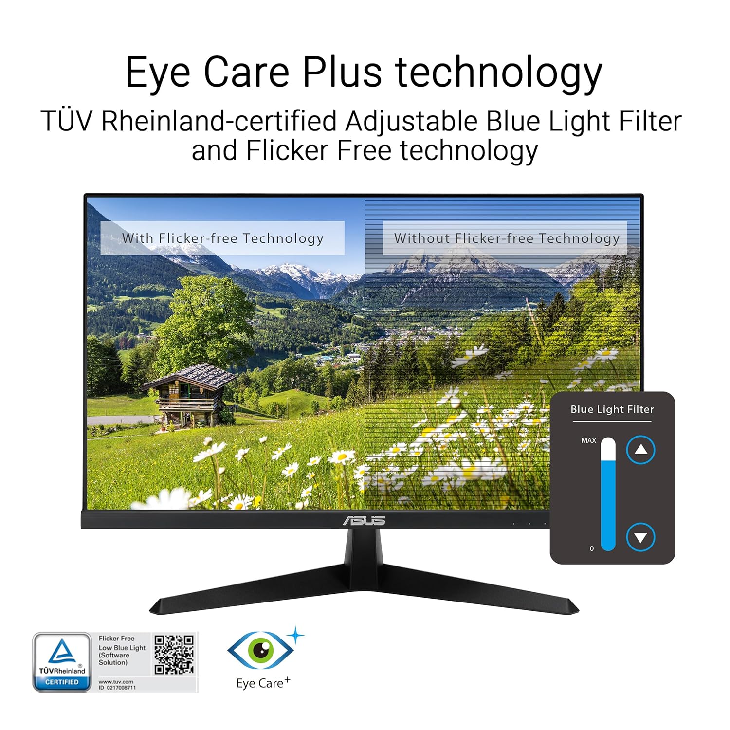 Monitor with blue light filter technology and TöV Rheinland certification on a white background