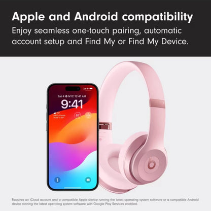 Smartphone and pink headphones with text about Apple and Android compatibility.