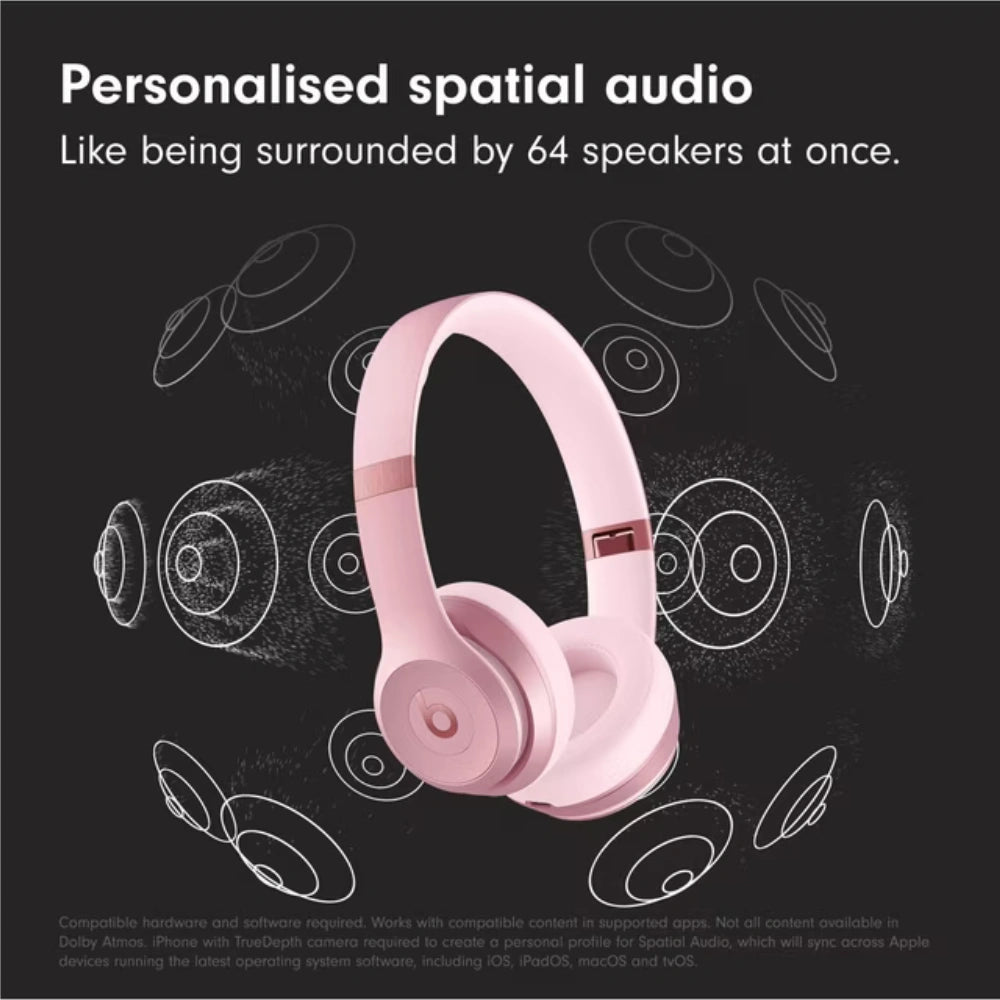 Pink headphones with sound wave graphics on a black background, promoting personalized spatial audio.