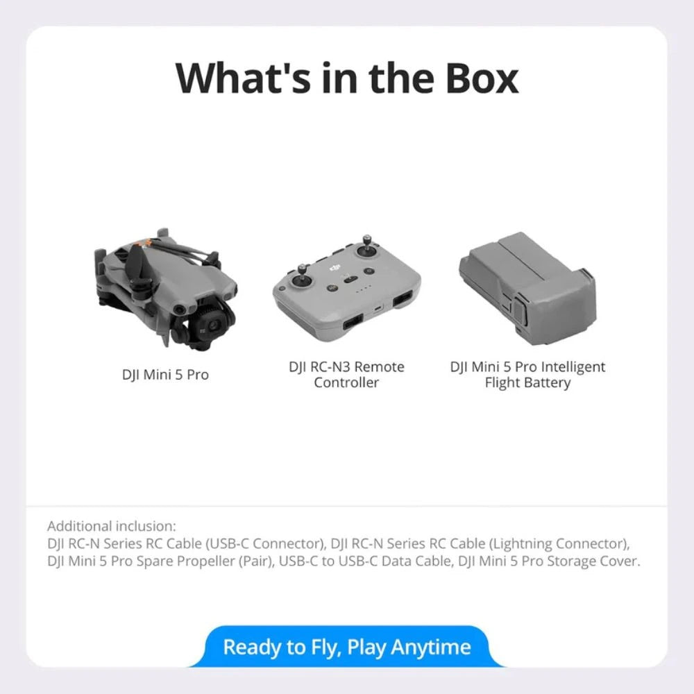 List of items included in a box with DJI Mini 5 Pro drone components.
