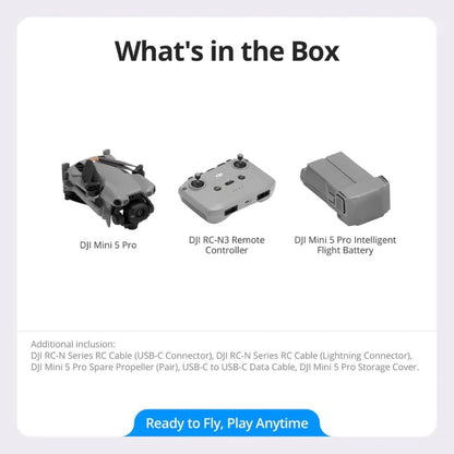List of items included in a box with DJI Mini 5 Pro drone components.