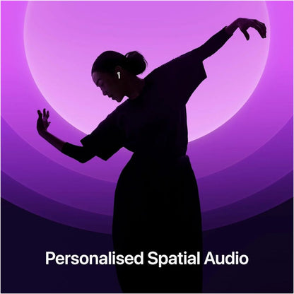 Silhouette of a person dancing against a purple background with 'Personalised Spatial Audio' text.