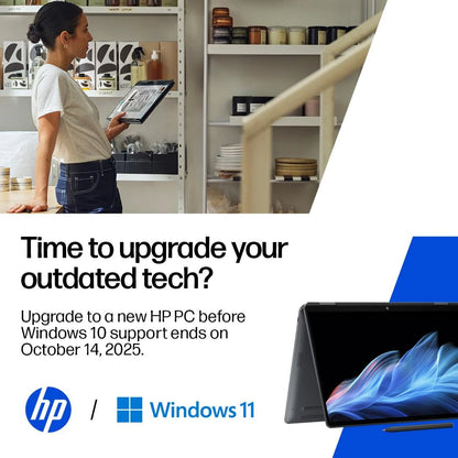 Advertisement for HP and Windows 11 with a person using a tablet and a new HP PC display.
