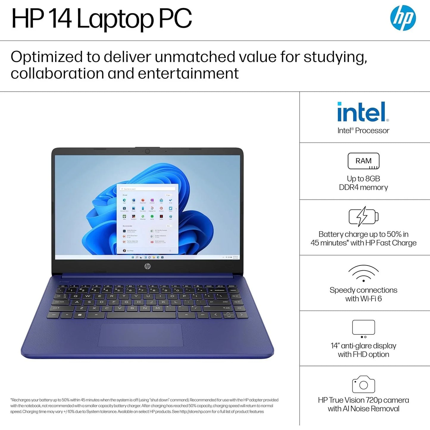 HP 14 laptop with specifications on a white background