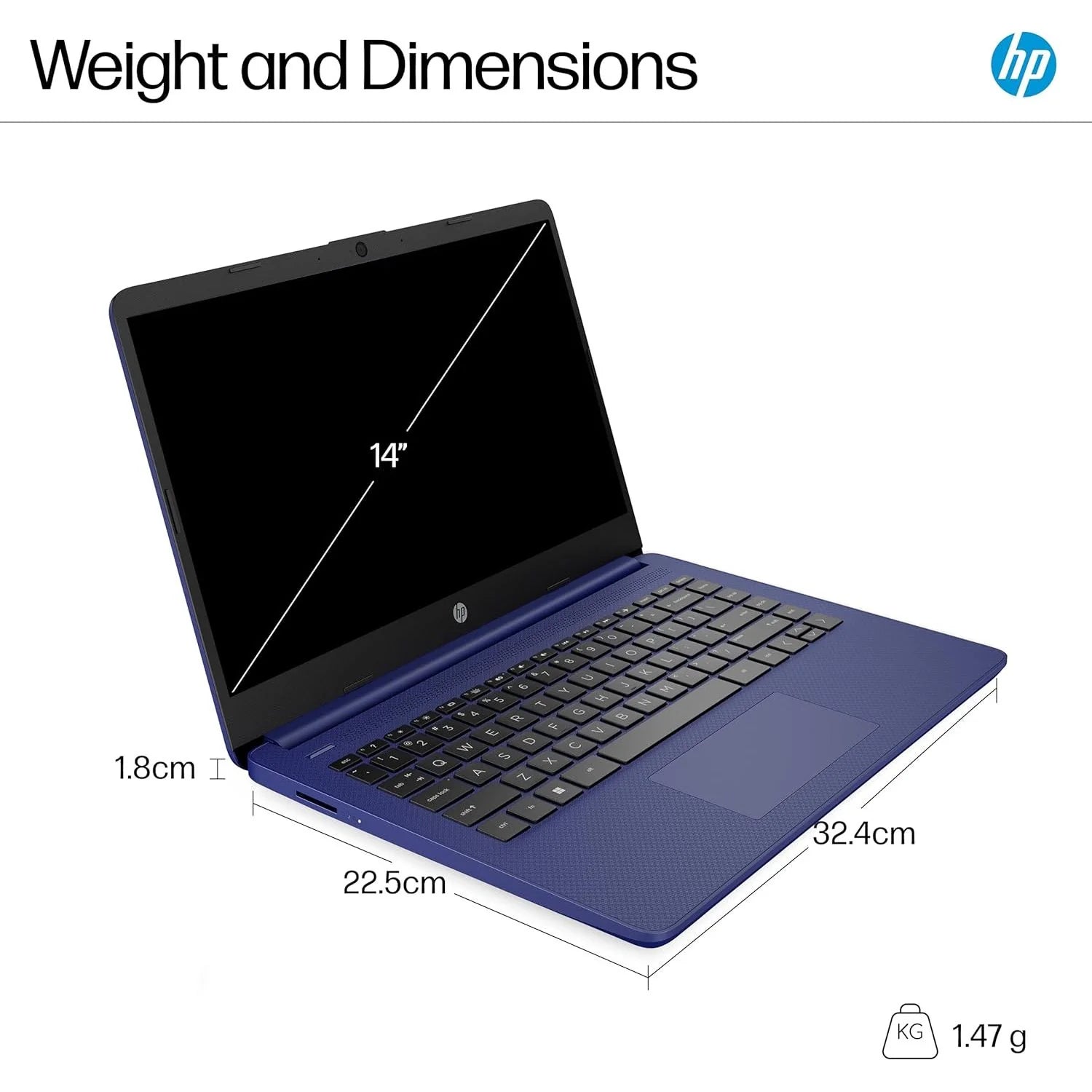 HP 14 laptop with dimensions and weight displayed on a white background