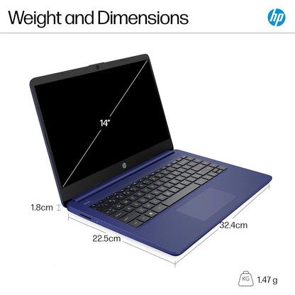 HP 14 laptop with dimensions and weight displayed on a white background