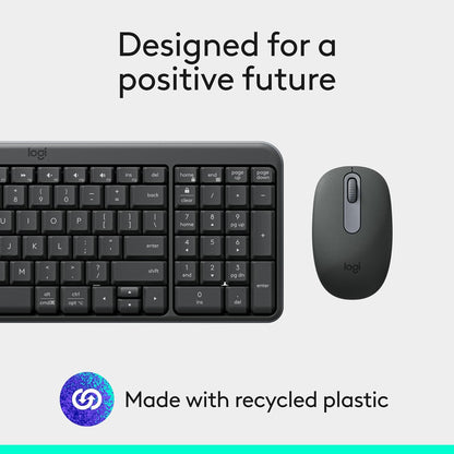 Logitech keyboard and mouse set with 'Designed for a positive future' text and 'Made with recycled plastic' label on a light gray background.