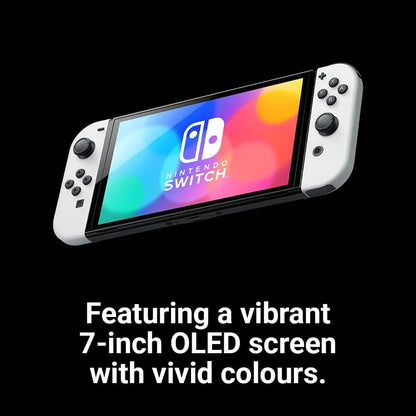 Nintendo Switch console with a vibrant 7-inch OLED screen on a black background
