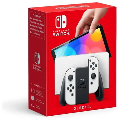 Nintendo Switch OLED model packaging with a hand holding the console on a red background