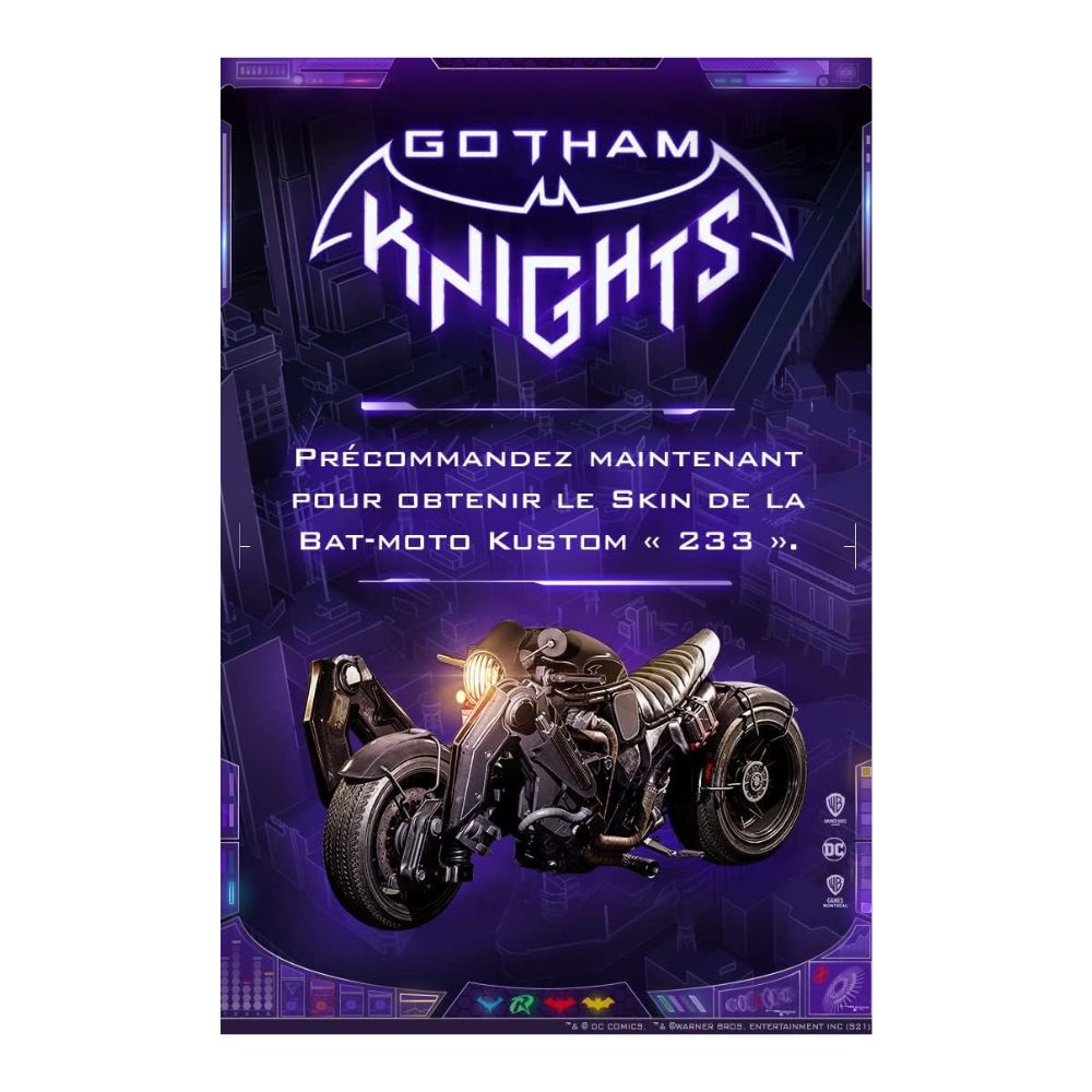 Promotional poster for 'Gotham Knights' with a motorcycle and promotional text on a purple background.