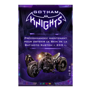 Promotional poster for 'Gotham Knights' with a motorcycle and promotional text on a purple background.