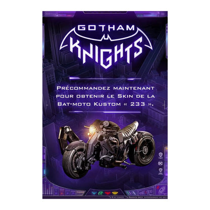 Promotional poster for 'Gotham Knights' with a motorcycle and promotional text on a purple background.