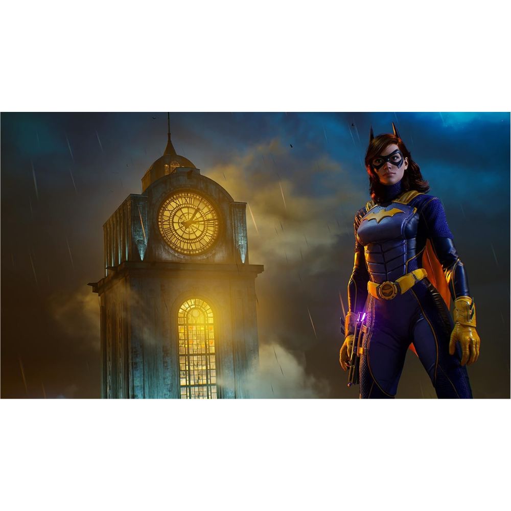 Superhero in a purple and yellow costume standing in front of a clock tower under a stormy sky.