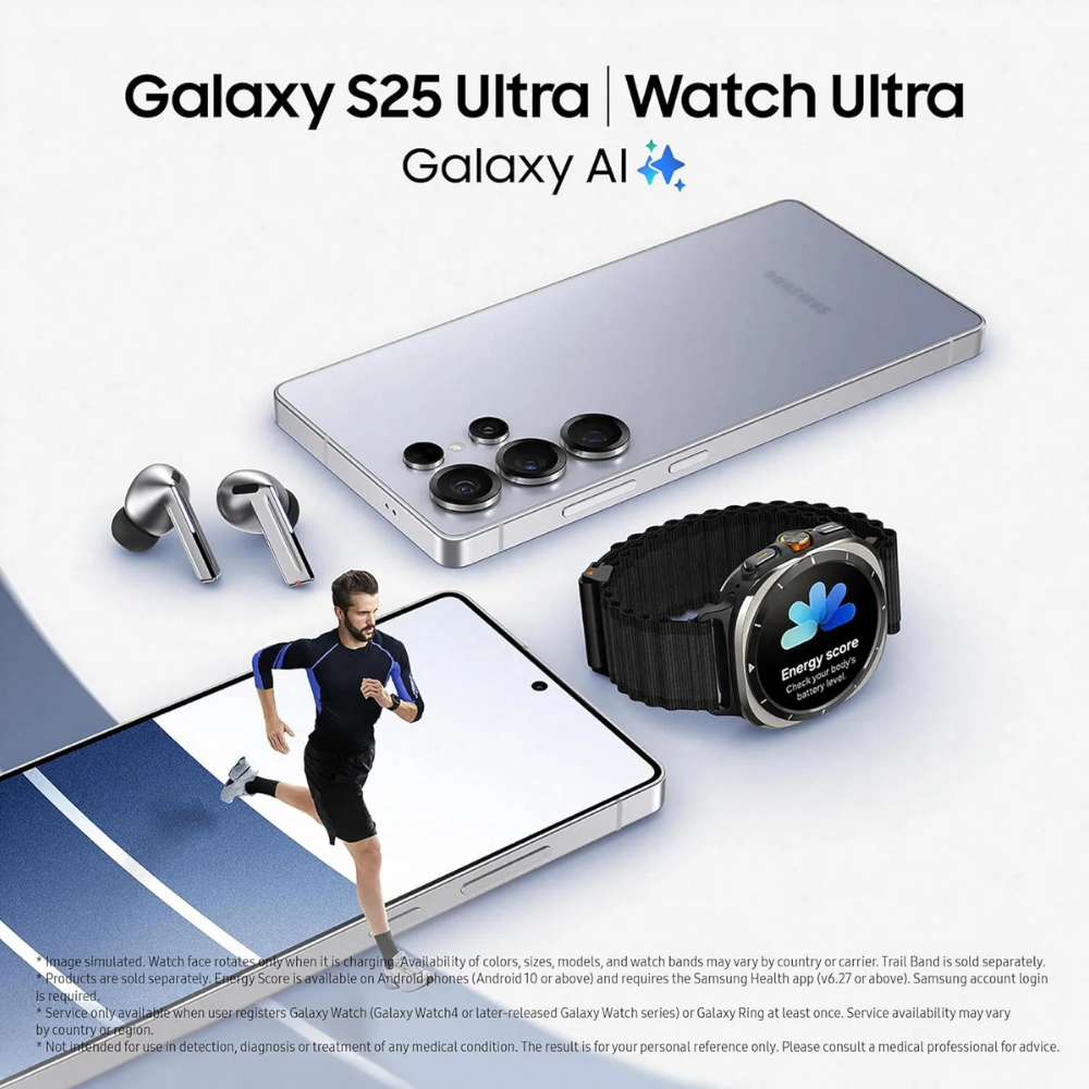 Samsung Galaxy S25 Ultra, Watch Ultra, and earbuds with Galaxy AI logo on a white background