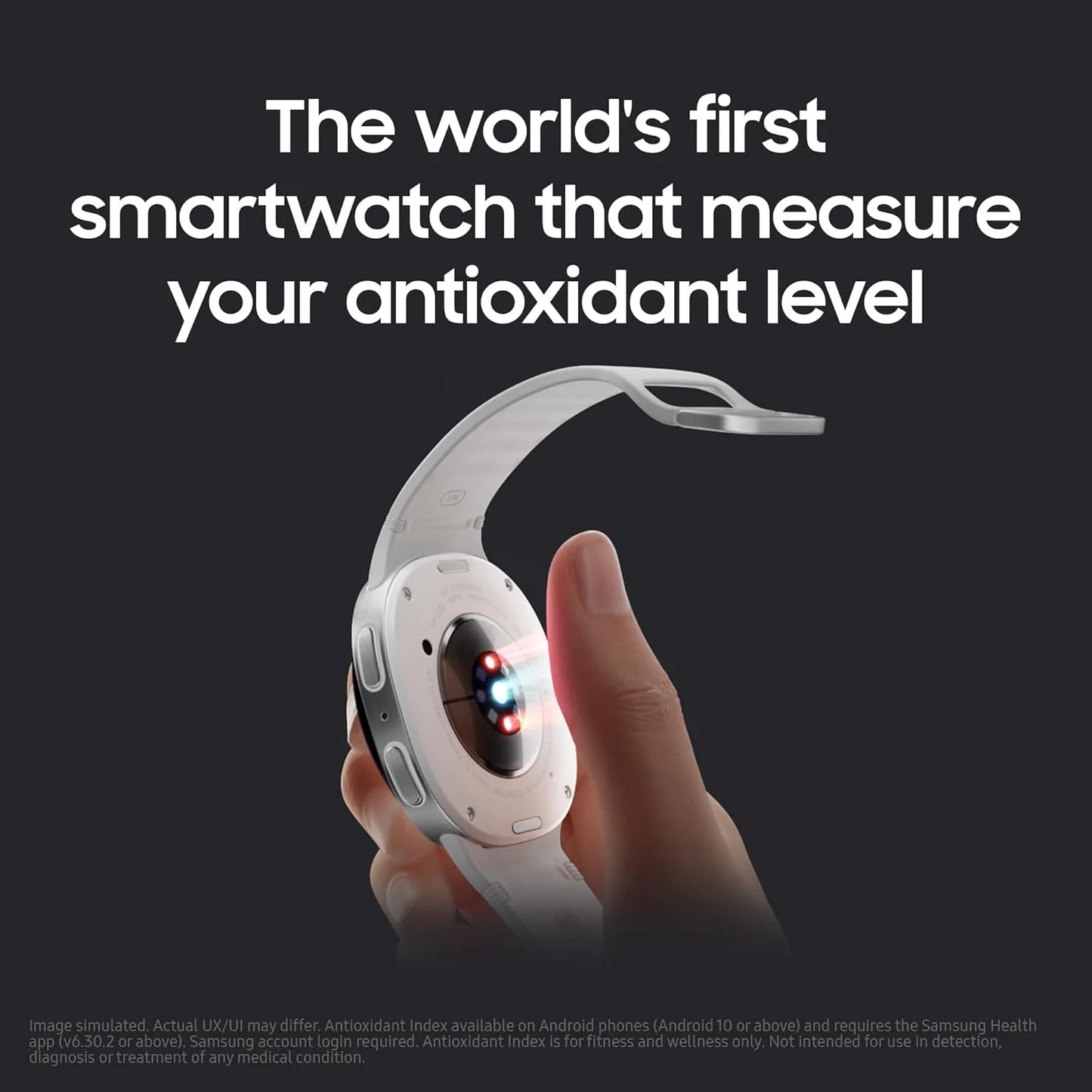Smartwatch held in a hand with text about measuring antioxidant levels on a dark background