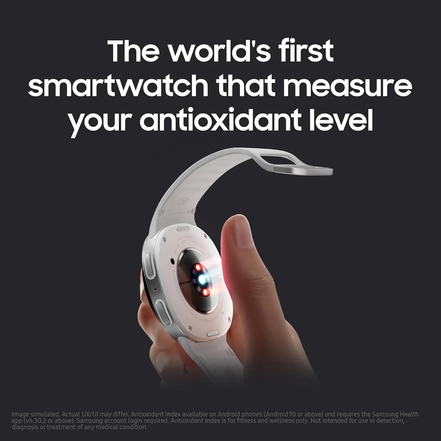 Smartwatch held in a hand with text about measuring antioxidant levels on a dark background