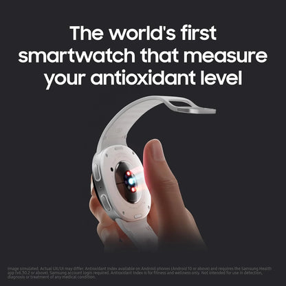 Smartwatch held in a hand with text about measuring antioxidant levels on a dark background