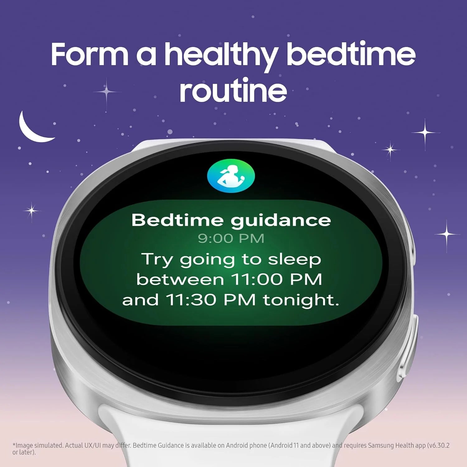 Smartwatch displaying bedtime guidance on a purple background with stars and a moon.