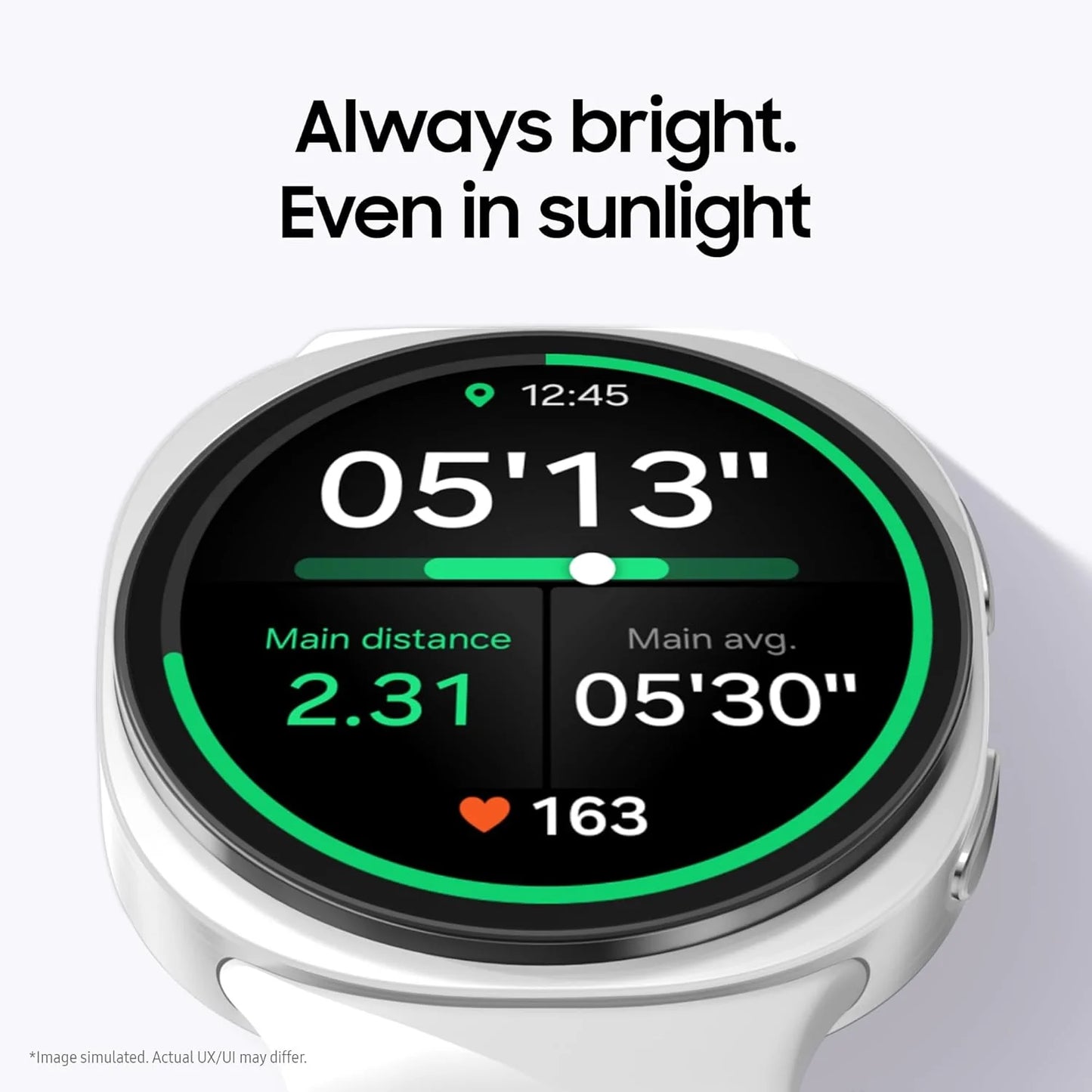 Smartwatch displaying fitness metrics with 'Always bright. Even in sunlight' text