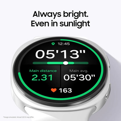 Smartwatch displaying fitness metrics with 'Always bright. Even in sunlight' text