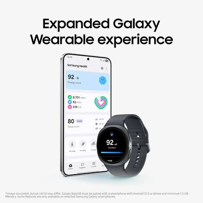 Smartphone and smartwatch displaying Samsung Health app on a white background with 'Expanded Galaxy Wearable experience' text.