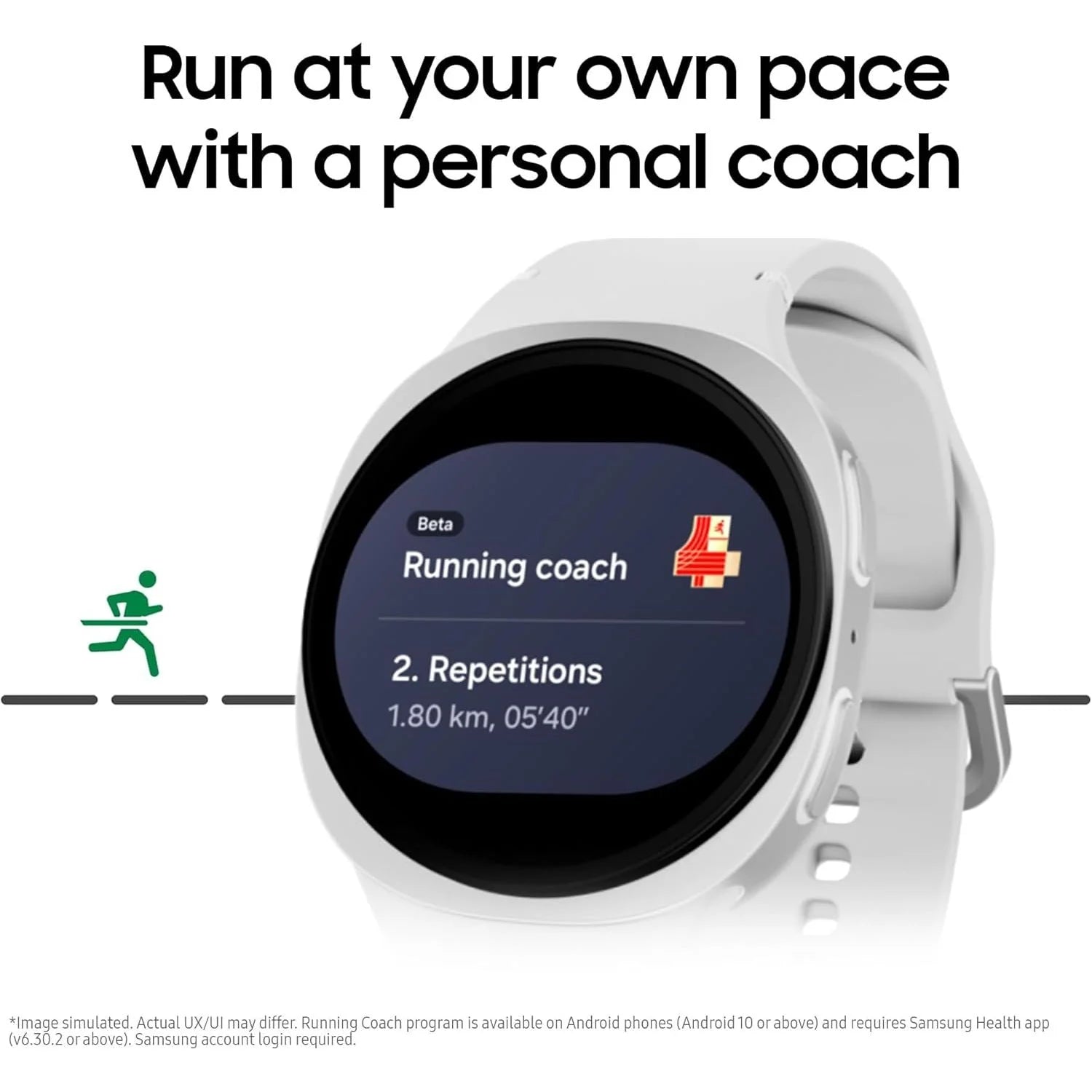 Smartwatch with running coach app on screen displaying a training session, with text 'Run at your own pace with a personal coach'.