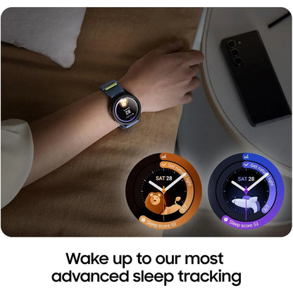 Smartwatch with advanced sleep tracking features displayed on a screen, with a person lying in bed.