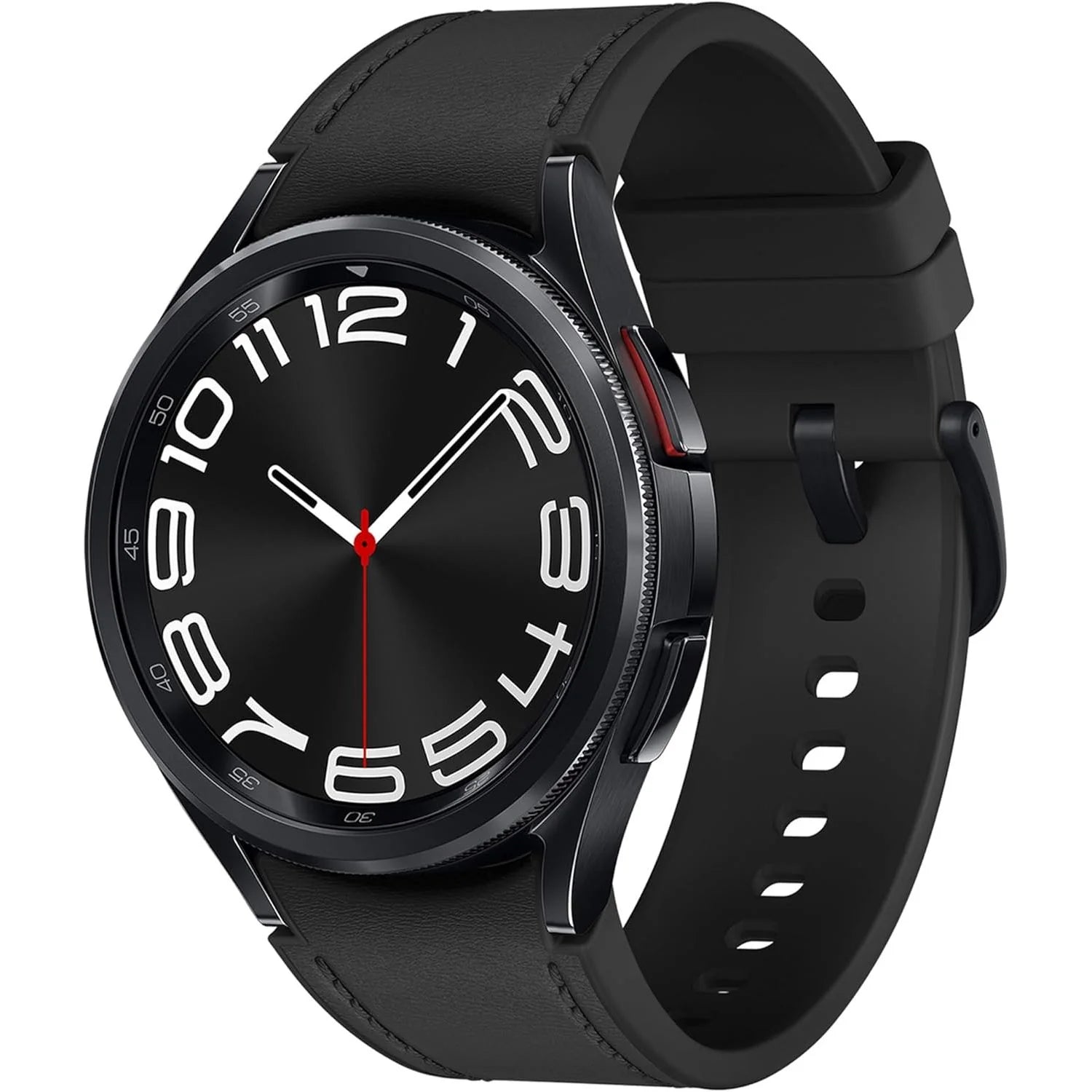 Black smartwatch with a black strap on a white background