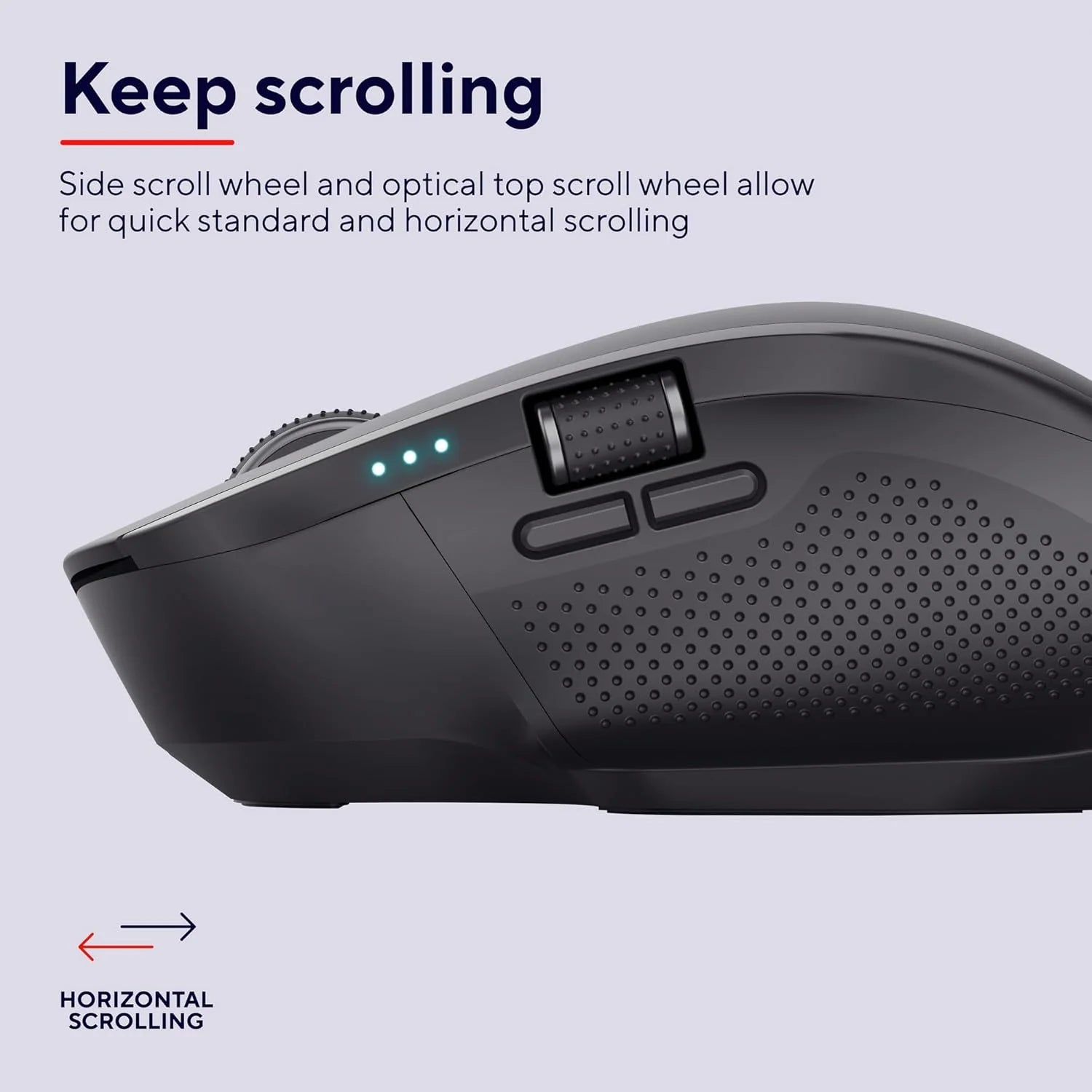 Trust ozaa++wireless mouse black side scroll wheel allow for quick scrolling
