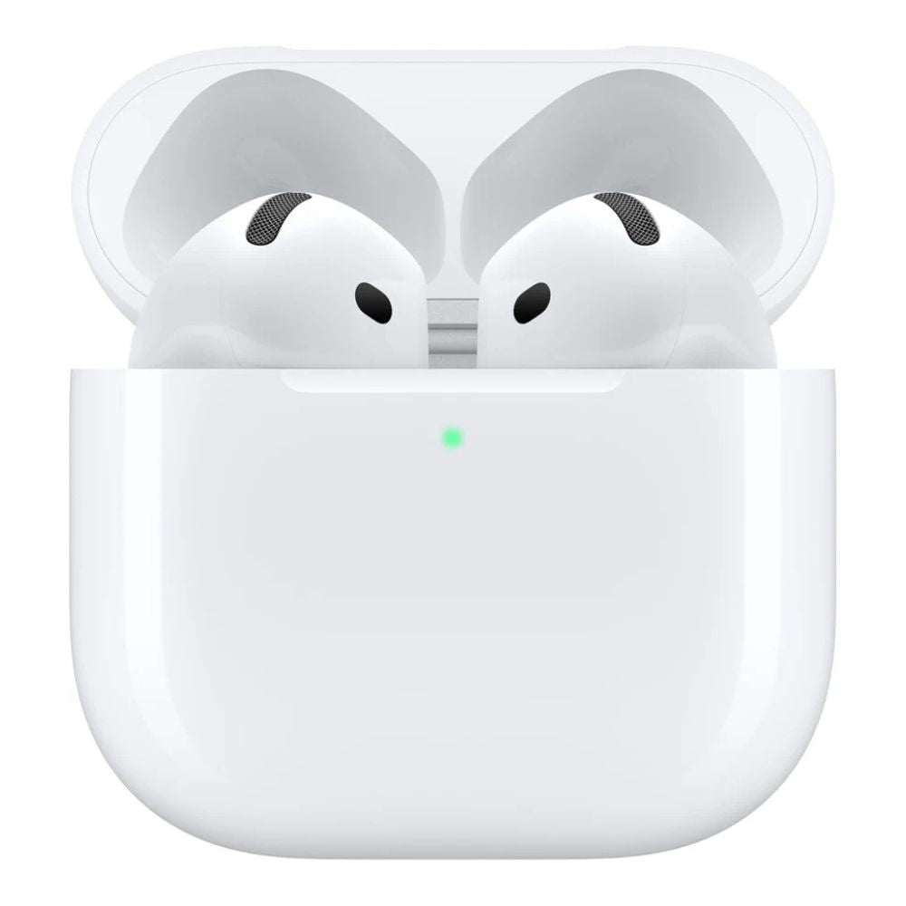 White wireless earbuds in charging case on a white background