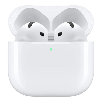 White wireless earbuds in charging case on a white background